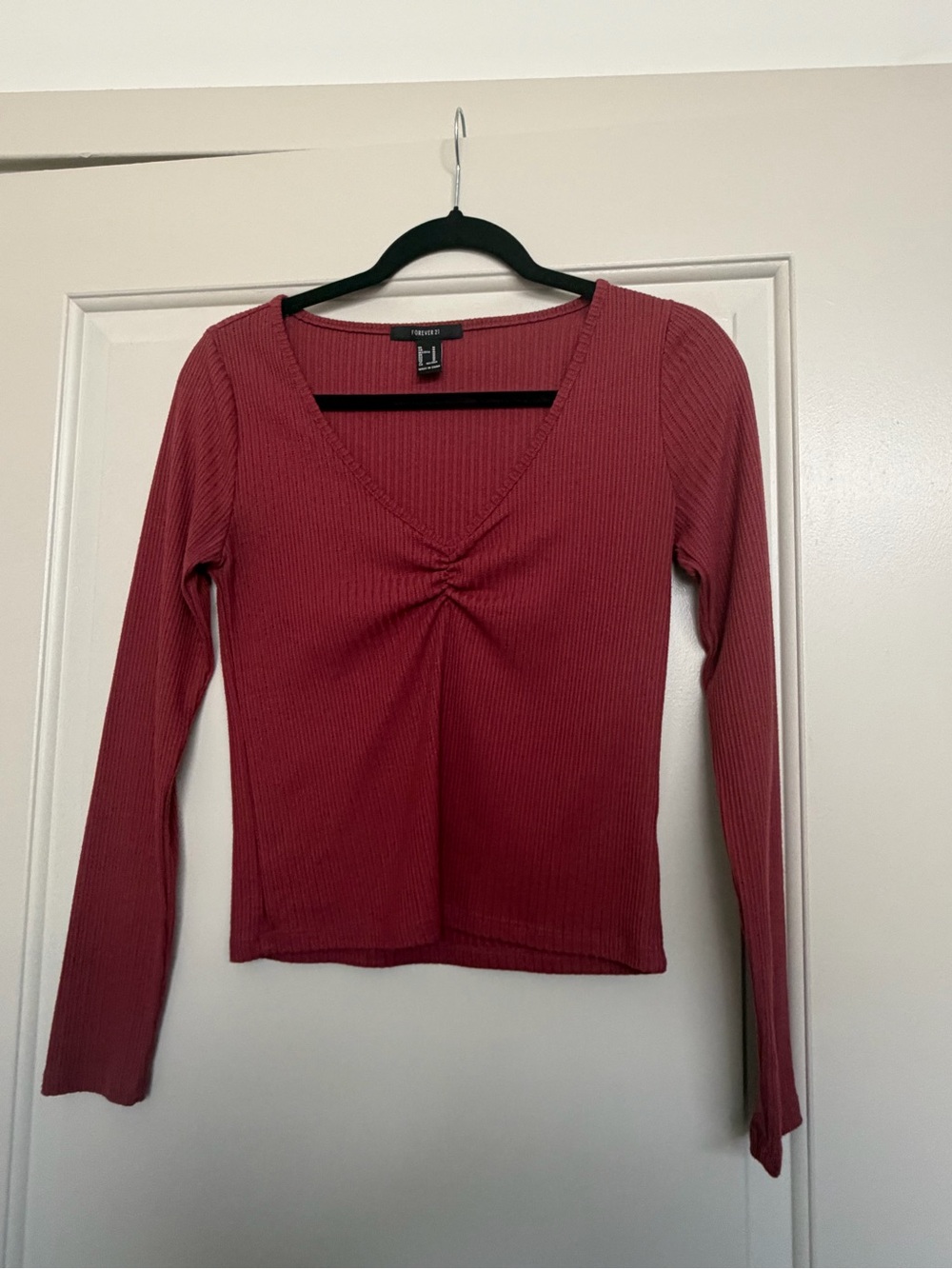 Forever 21 Rose Ribbed Long-Sleeve V-Neck Twist Top